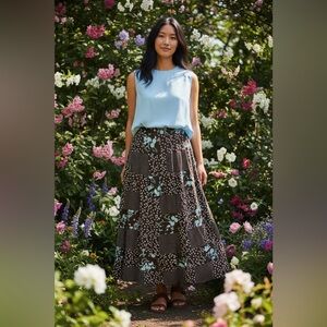 Chic Floral A-Line Skirt in Brown and Blue